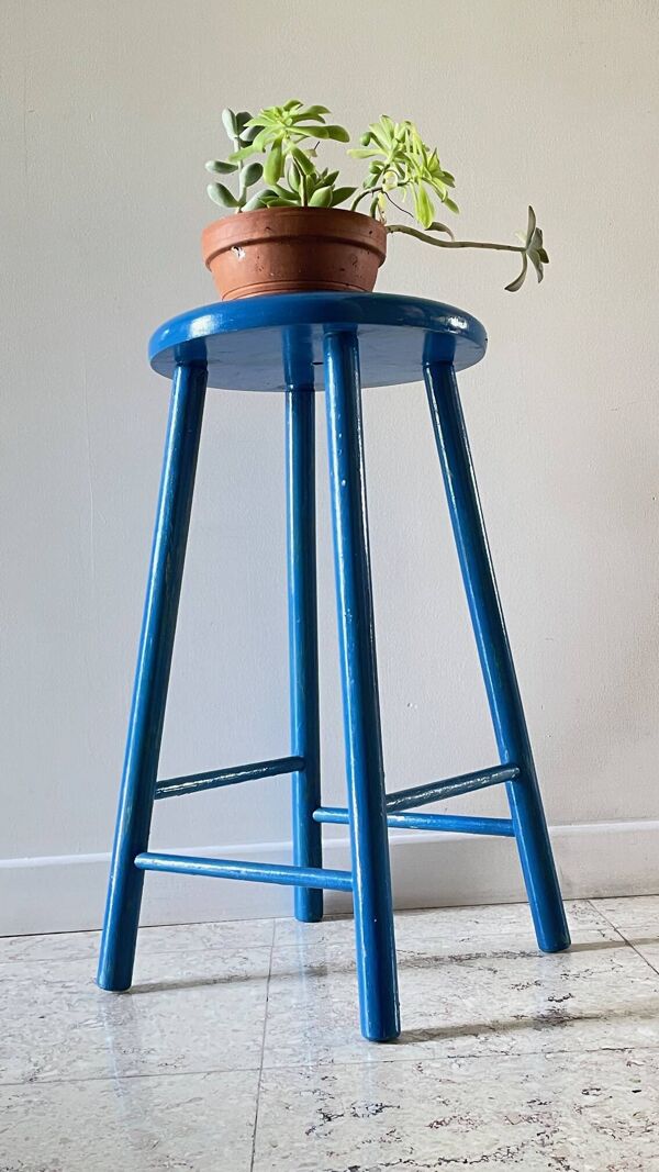 Tabouret vintage bois bleu electrique