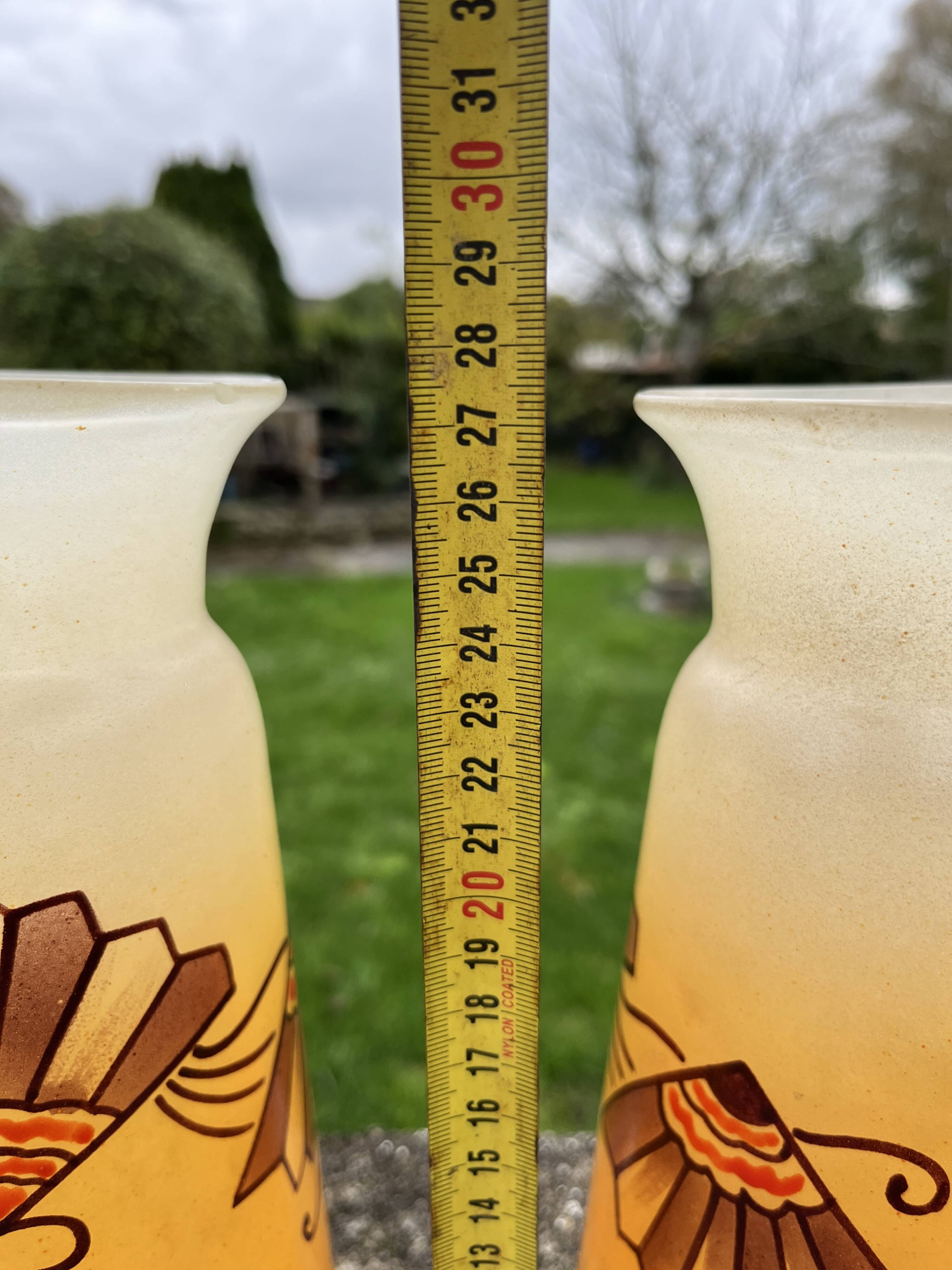 Pair of orange Legras Art Deco enameled glass vases