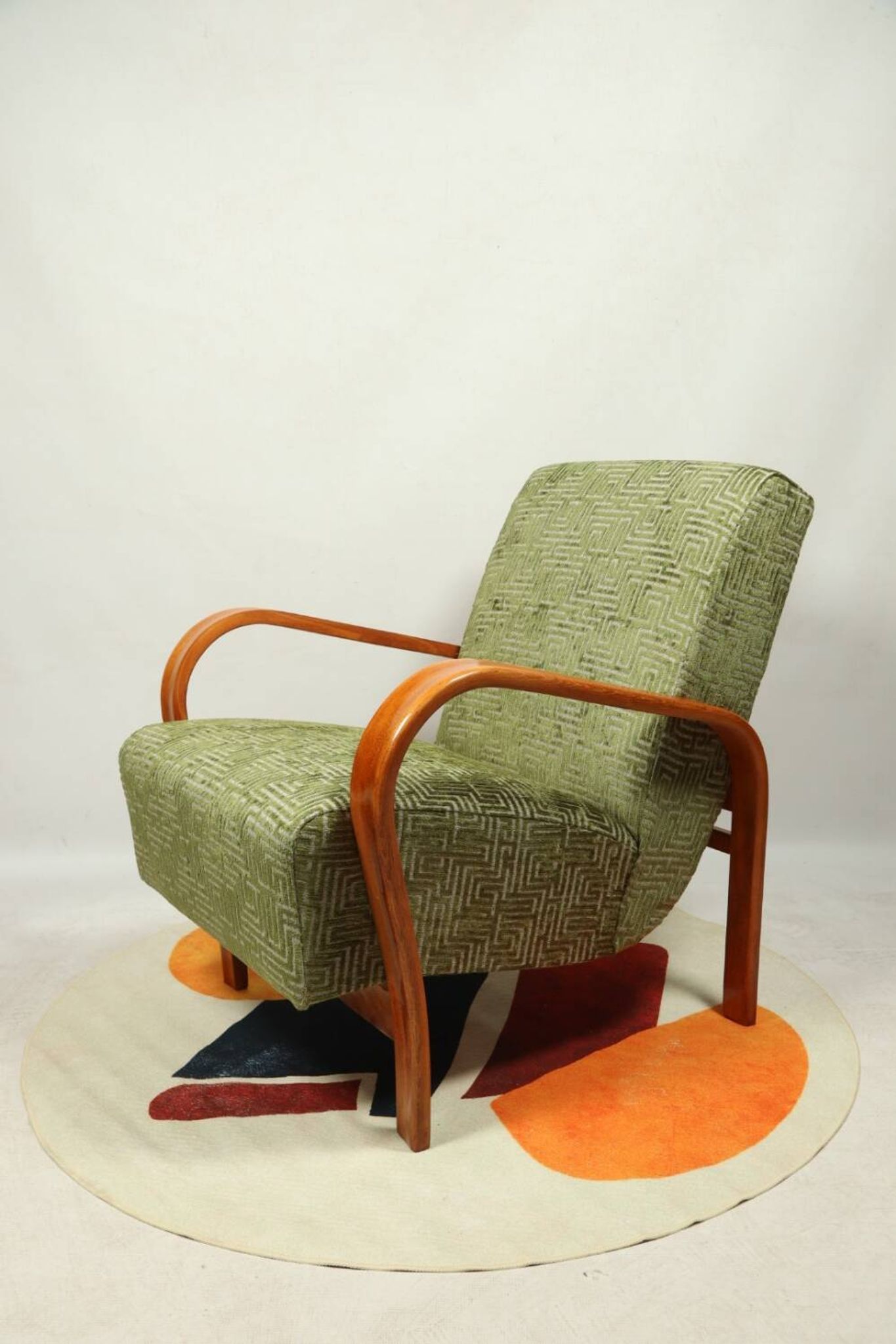 Art Deco armchair in green geometric jacquard by Kropacek Kozelek 1950