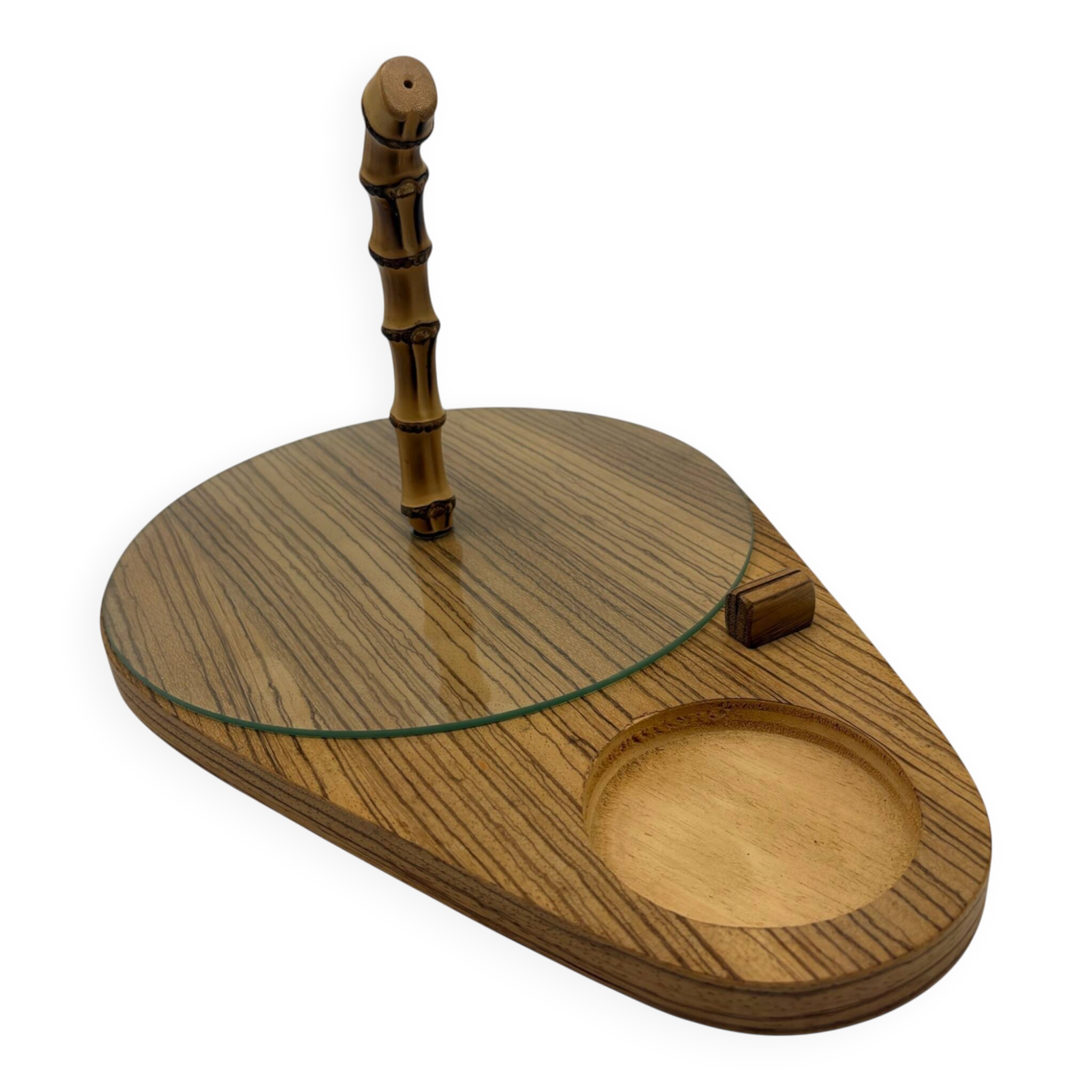 Vintage service tray wood, glass and bamboo – 1960s