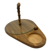 Plateau de service vintage bois, verre et bambou – années 60
