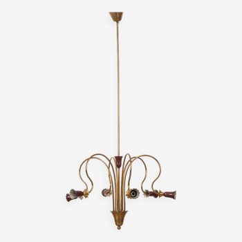 Vintage 50's chandelier in brass and bordeaux metal italian design