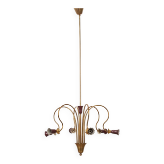 Vintage 50's chandelier in brass and bordeaux metal italian design