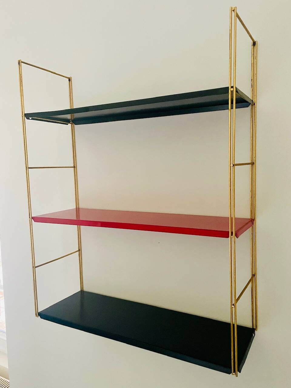 Modular vintage wall shelf, black and red metal circa 1960s