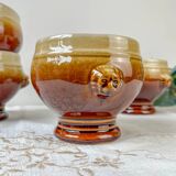 4 speckled two-tone lion head ceramic bowls – Émile Henry style – vintage stoneware made in France