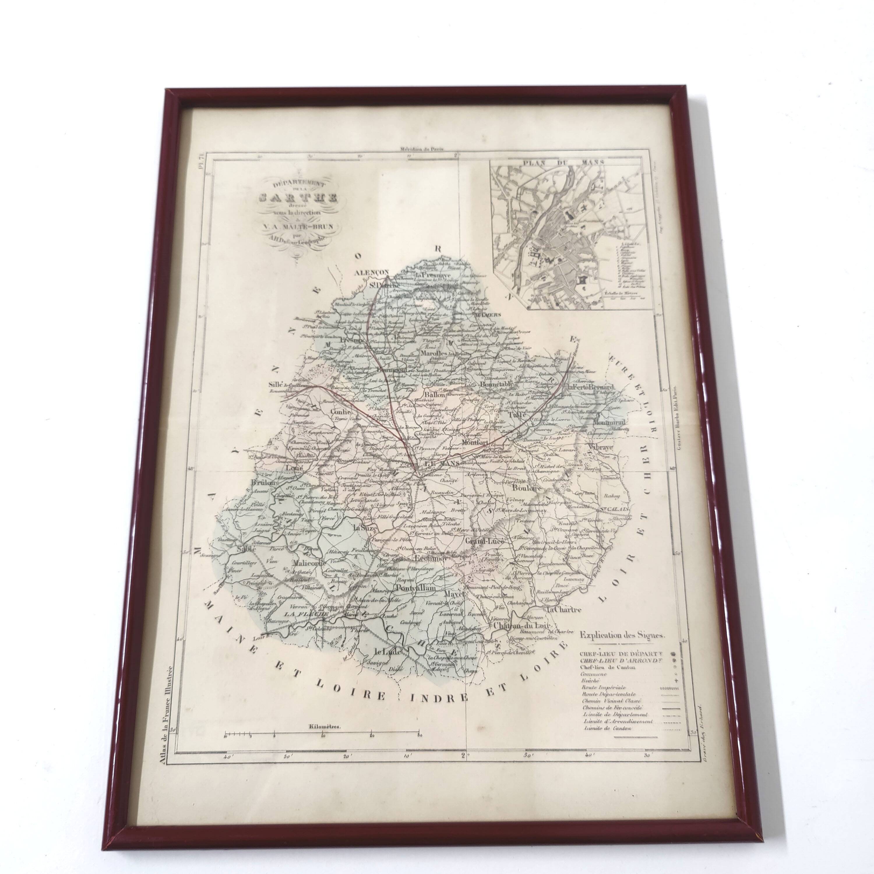 Engraved map of Sarthe wooden frame old plan of Le Mans