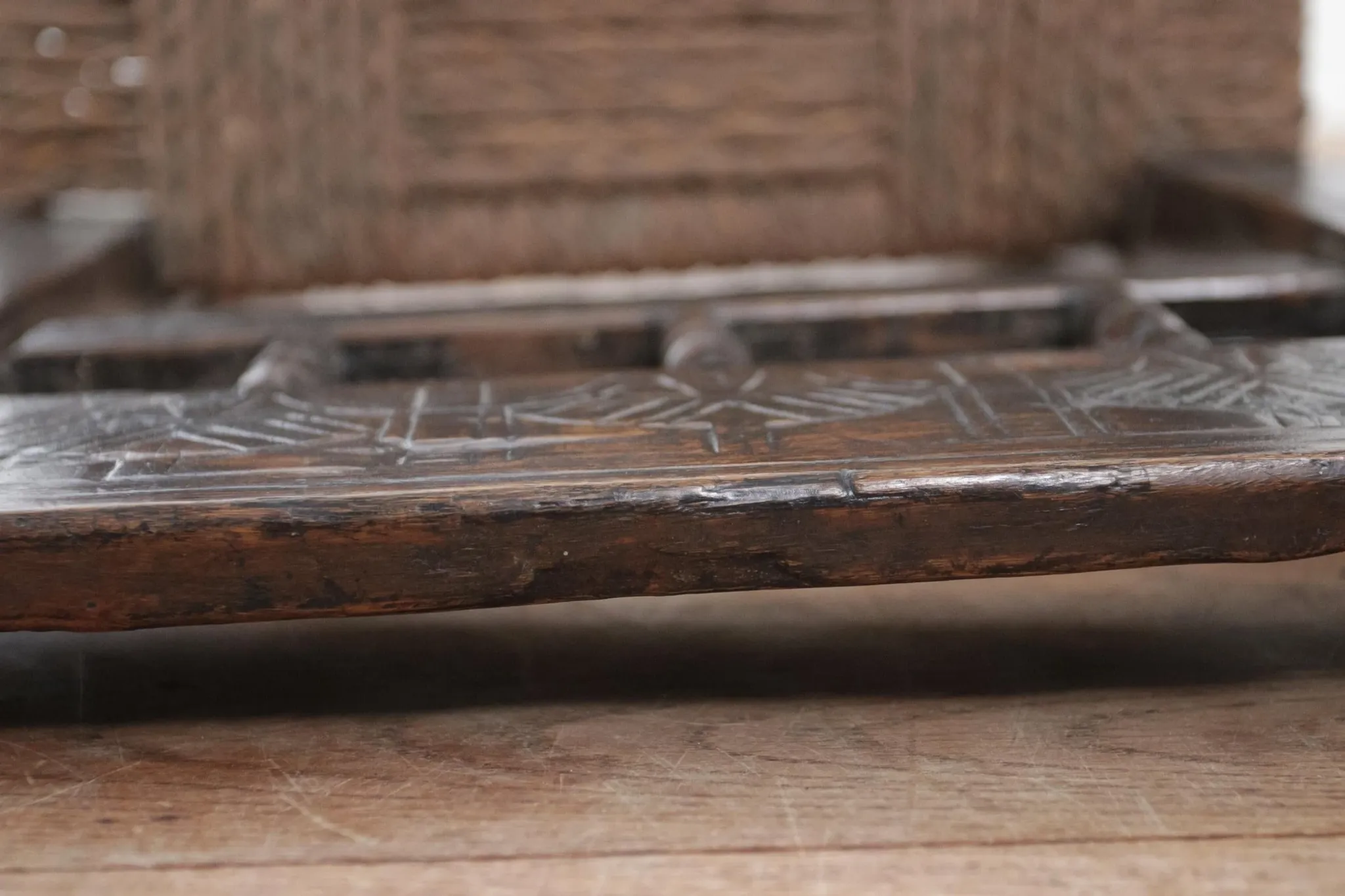 17th-century farmhouse chair with carved motifs – wabi sabi