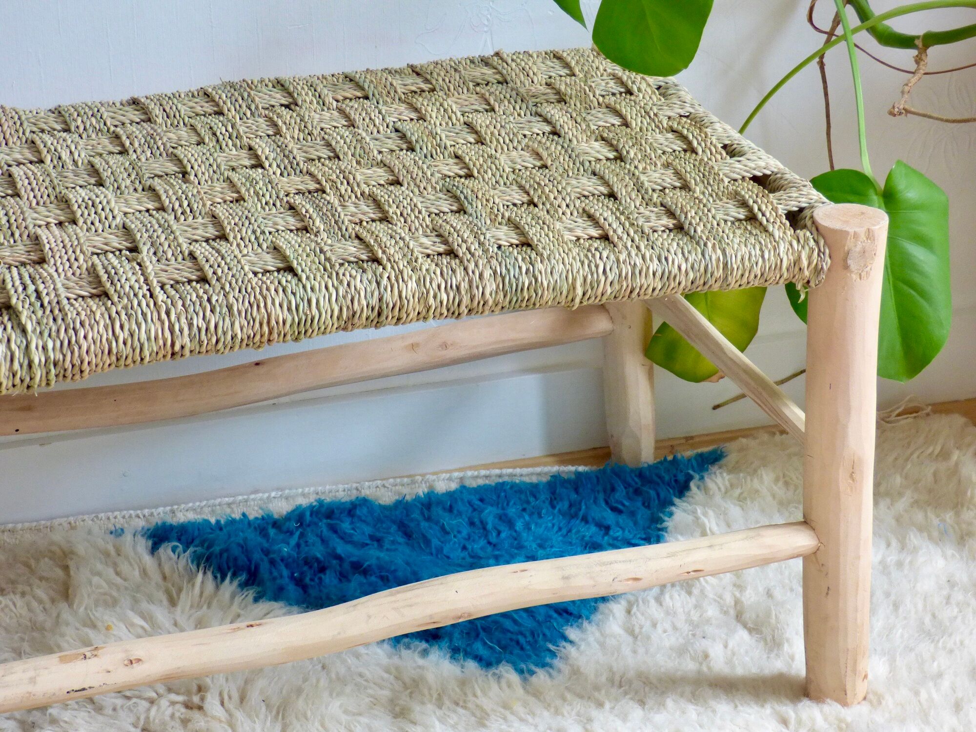 Lemon tree wood bench and braided palm leaf