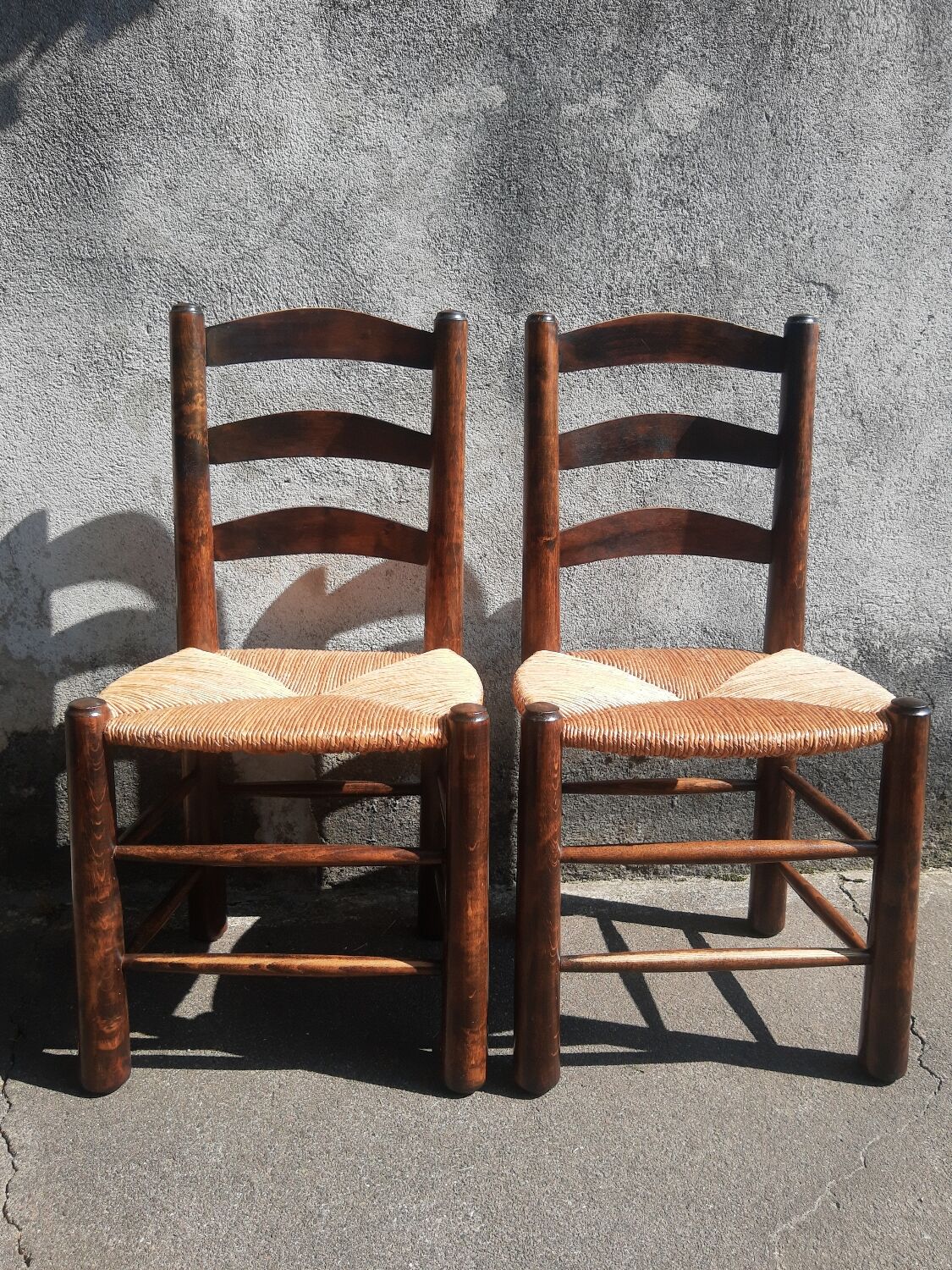 Pair of brutalist wood mulched chairs