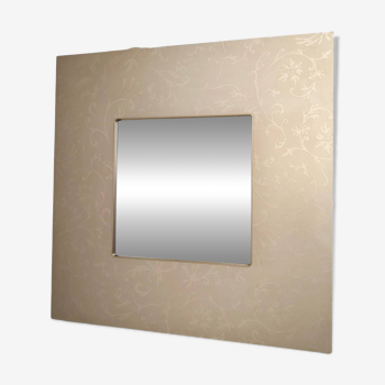Postmodern Square Wall Mirror with Floral Motifs on Beige Metal Frame, Italy