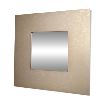 Postmodern Square Wall Mirror with Floral Motifs on Beige Metal Frame, Italy