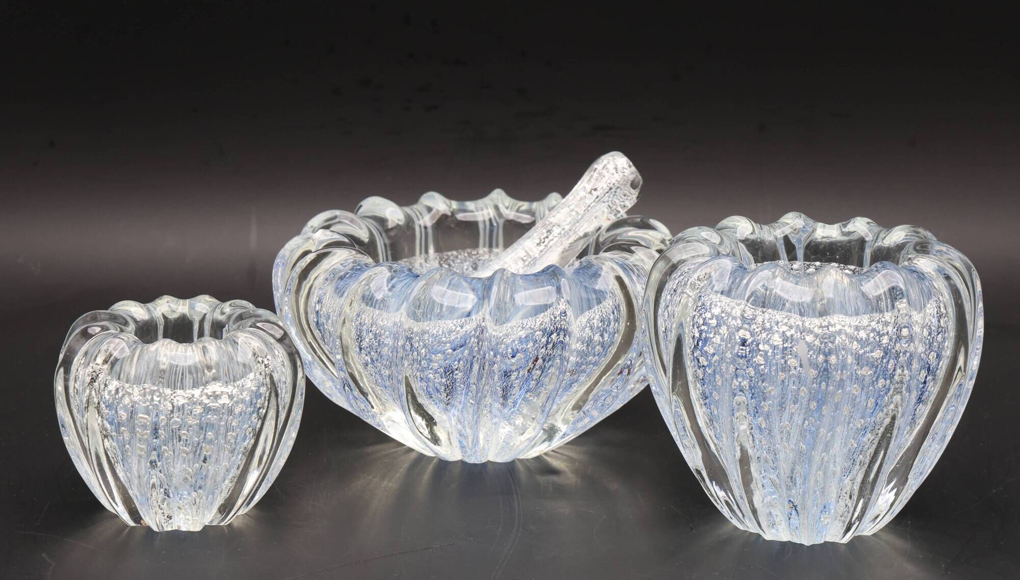 Set of 3 Blue Ercole Barovier "Bullicante" Murano Glass Vase for Barovier &