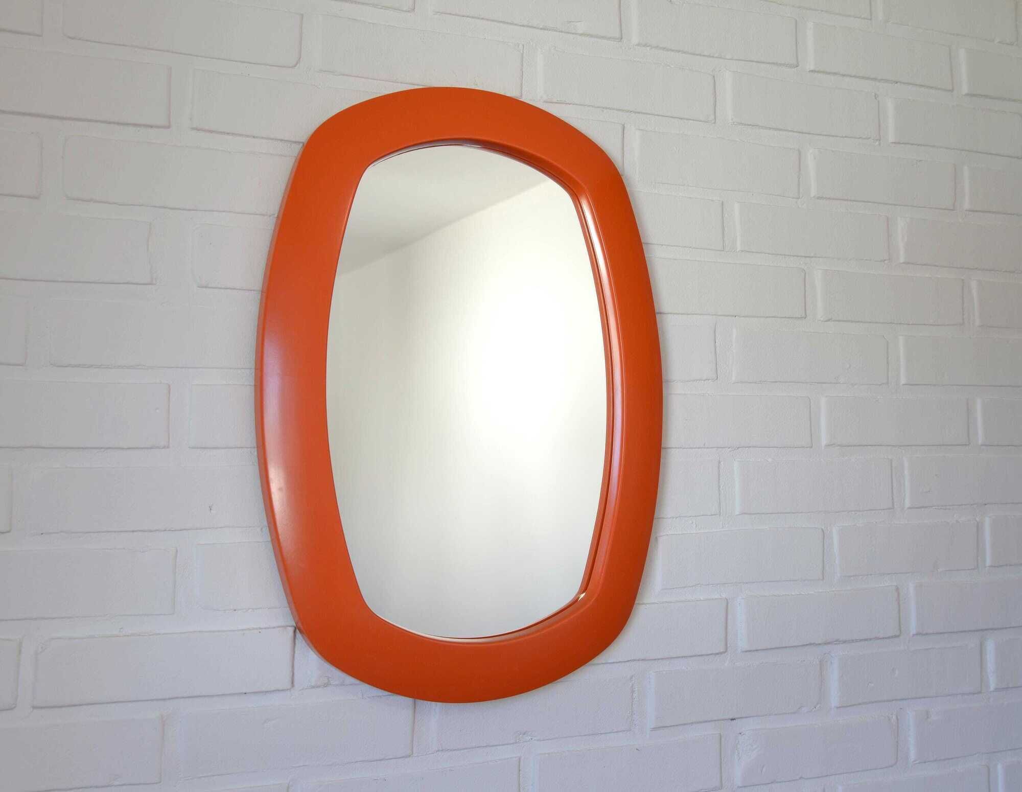 Rare 1970s Orange Space Age Mirror | Vintage Pop Art Yugoslav Wall Mirror