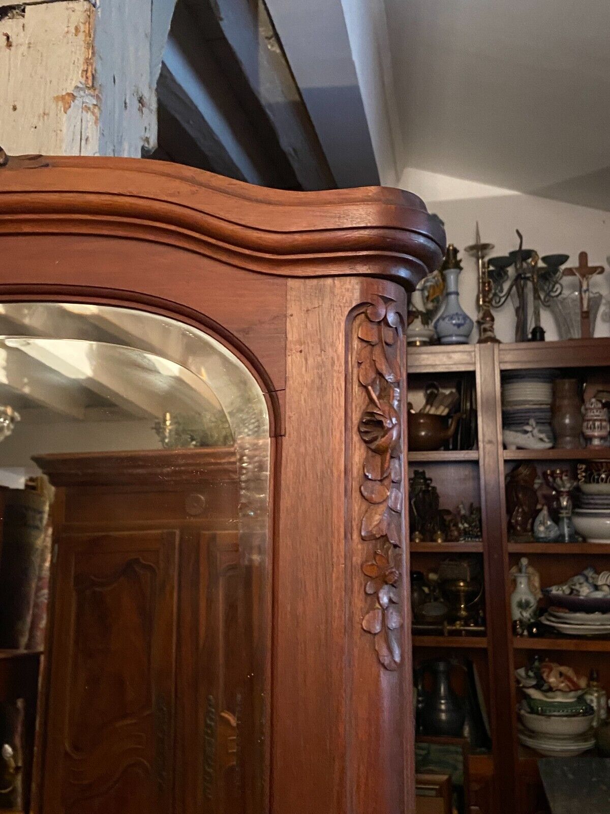 Beveled mirror trumeau fireplace glass in solid walnut Louis XVI style