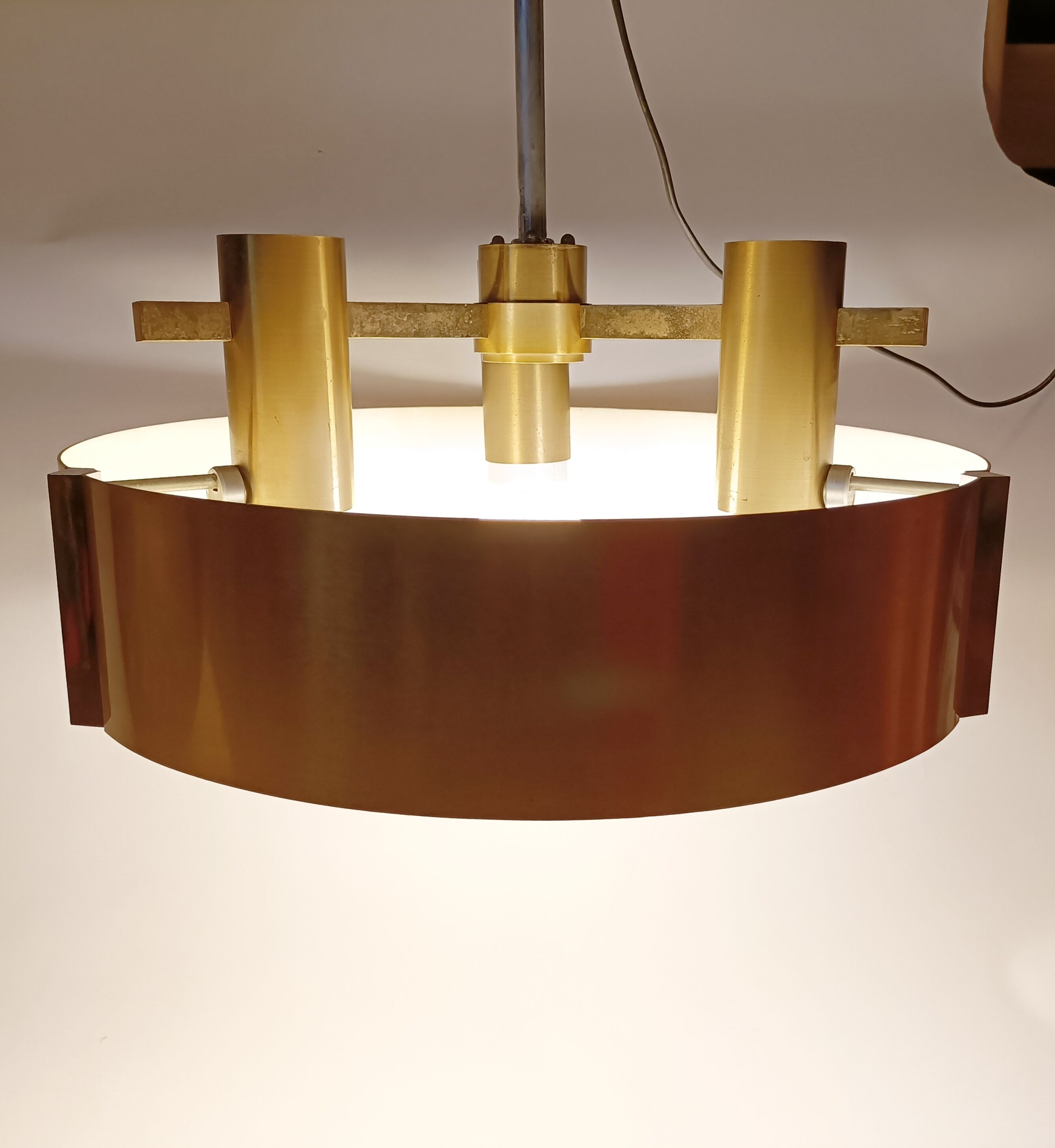 Italian 3-light suspension UFO brushed aluminium and golden brass 1970