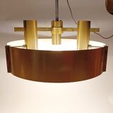 Italian 3-light suspension UFO brushed aluminium and golden brass 1970
