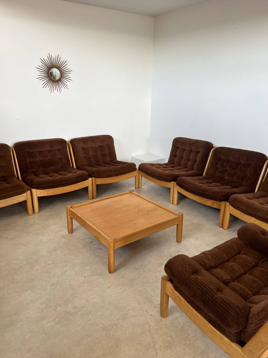 Old modular living room 7 armchairs and vintage Scandinavian design coffee table from the 60s