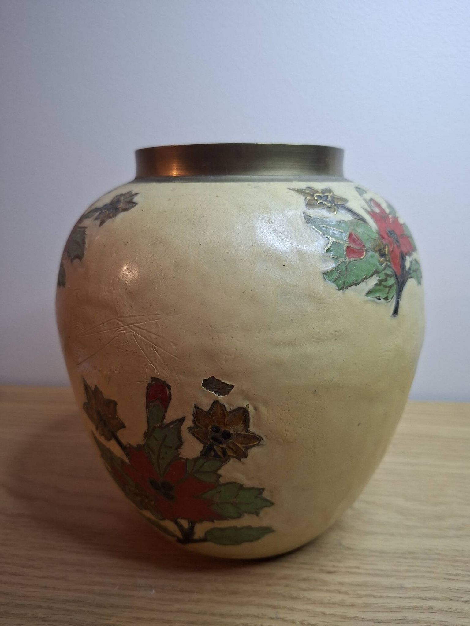 Vintage enamelled brass round vase with handmade floral decoration.
