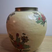Vintage enamelled brass round vase with handmade floral decoration.