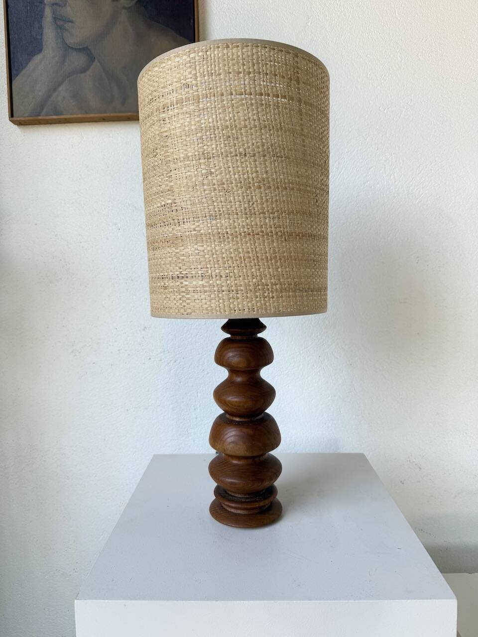 1950s turned oak wood table lamp