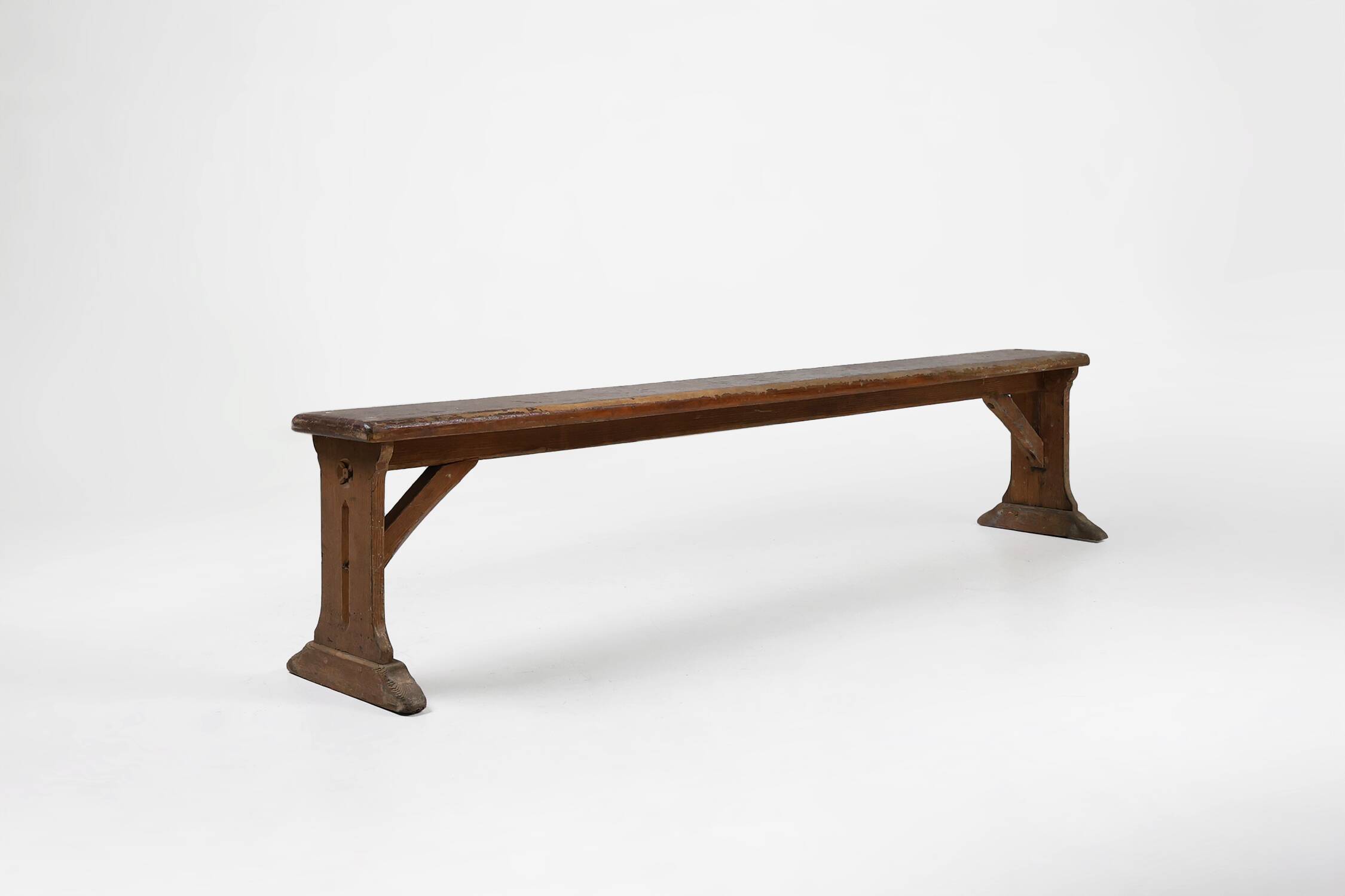 Rustic French bench in oak with carvings and nice patina, ca. 1850