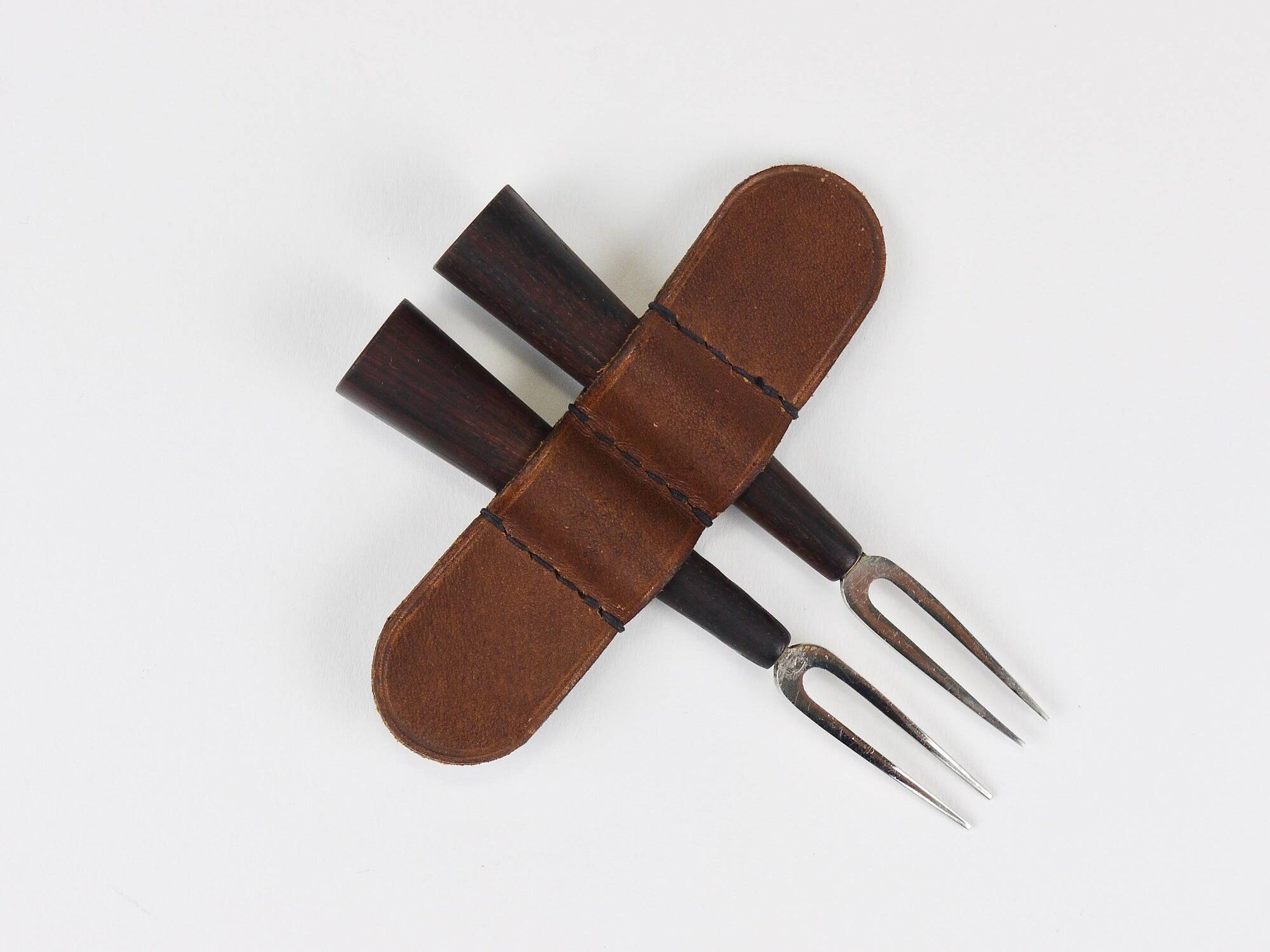 Carl Aubock Forks, Brass, Leather Holder, Corn Cob Skewers, Vienna, 1930s