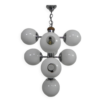 Lampe suspendue vintage chromée avec 9 boules de verre blanc, 1960s