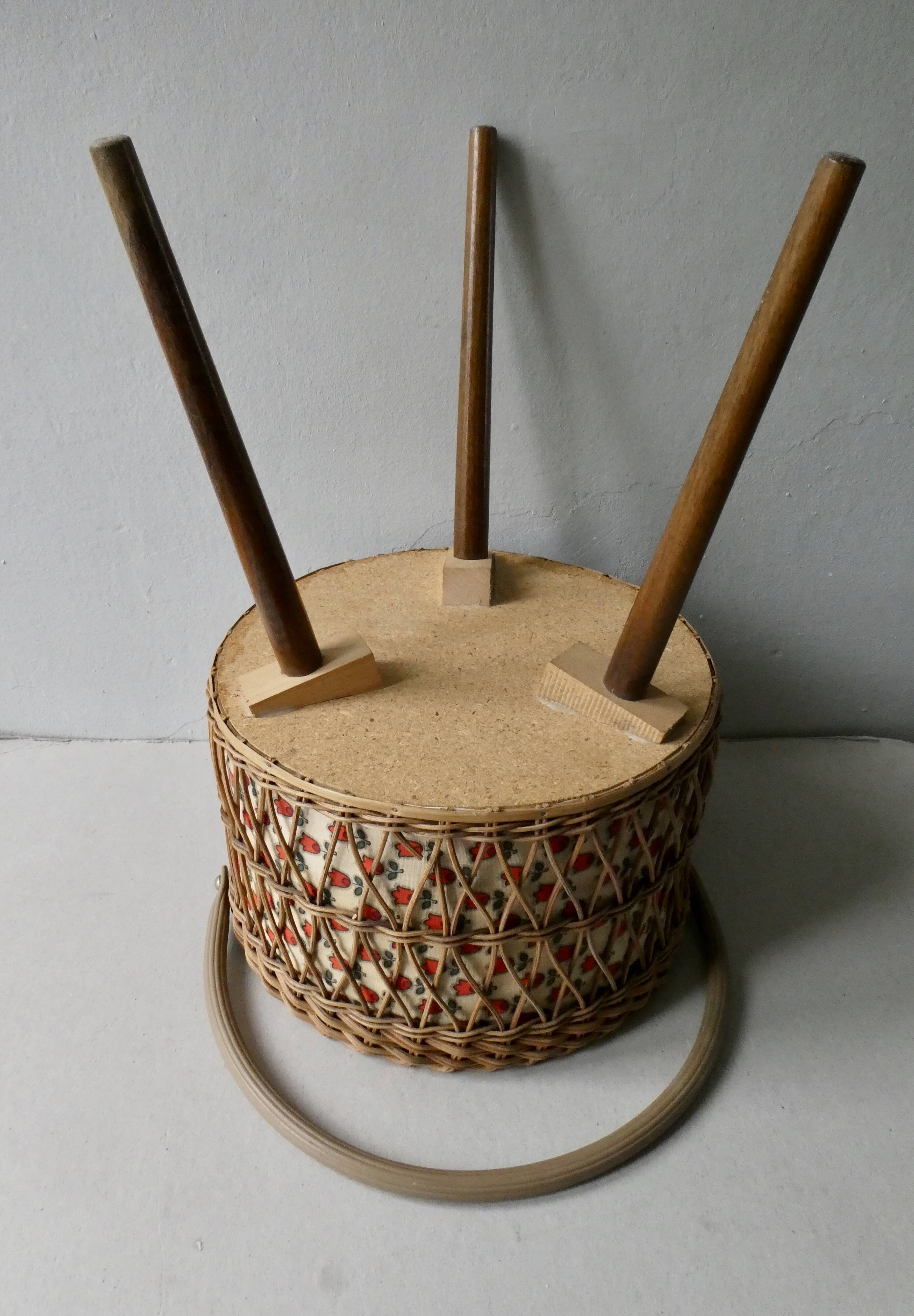Tripod worker, sewing box, rattan and wood, 60s
