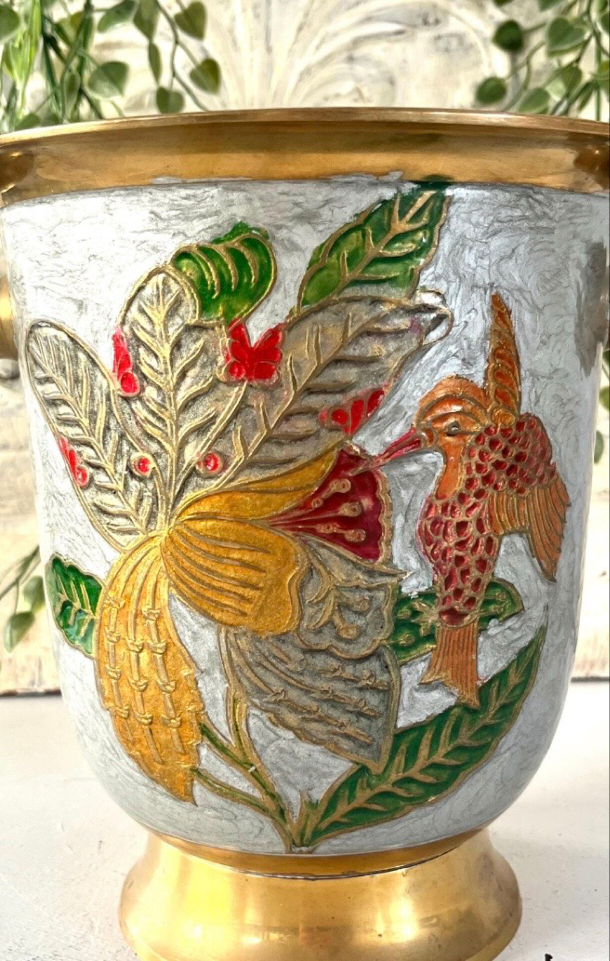 French cloisonne bucket enamelled colored over brass champagne cooler