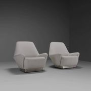 Pair of fabric and stainless steel lounge chairs by Gianni Moscatelli