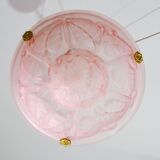 Pink Art Deco top quality pendant light with floral decorations, signed Degué