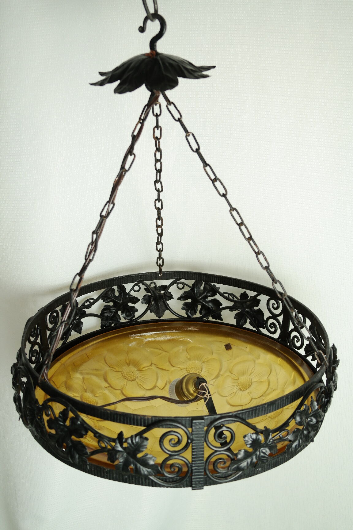 Art Deco wrought iron glass suspension Degué