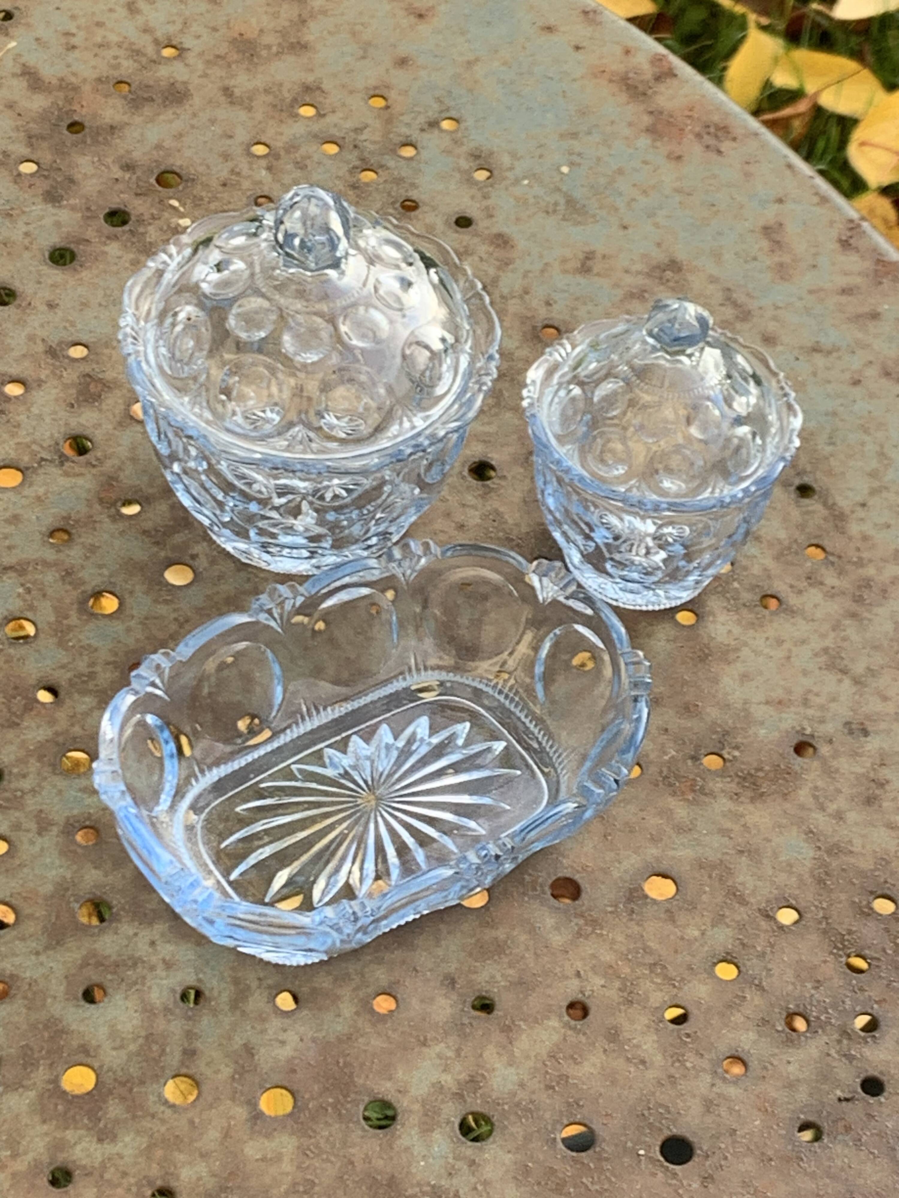 Lot consisting of 3 glassware, lavender blue, two jars with lids and a pocket emptier, vintage