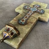 Wall cross with a holy water font in enamel and onyx, 19th century.