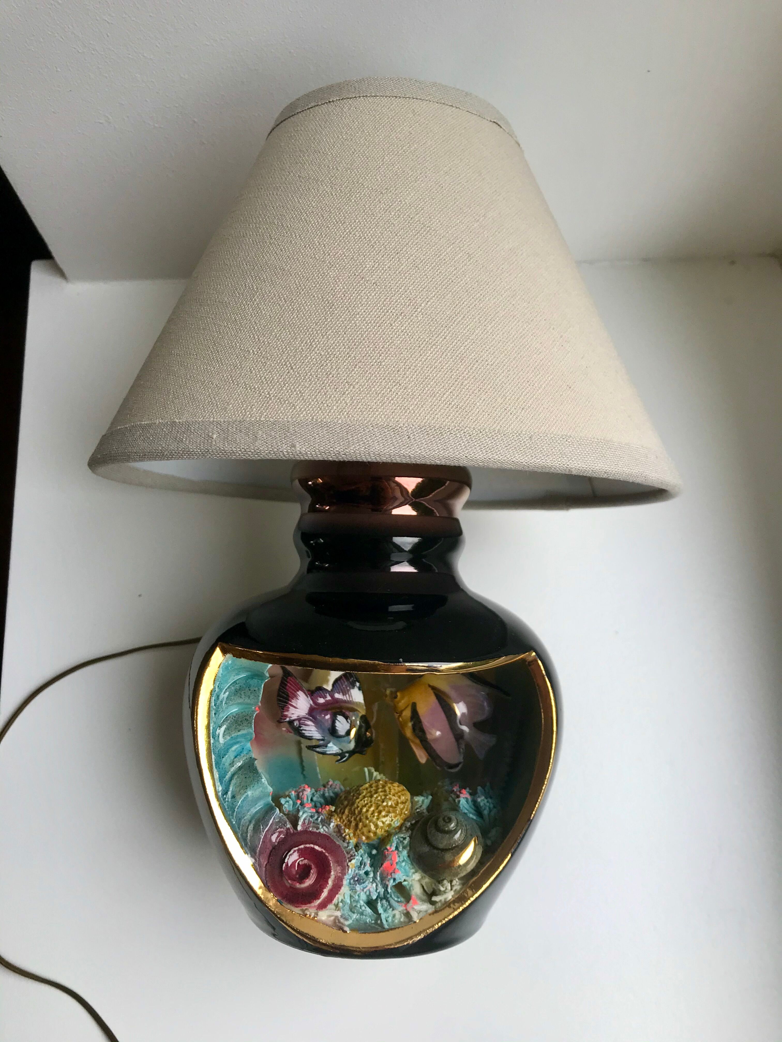 Lampe poisson Vallauris noir et grise avec abat-jour en lin années 70