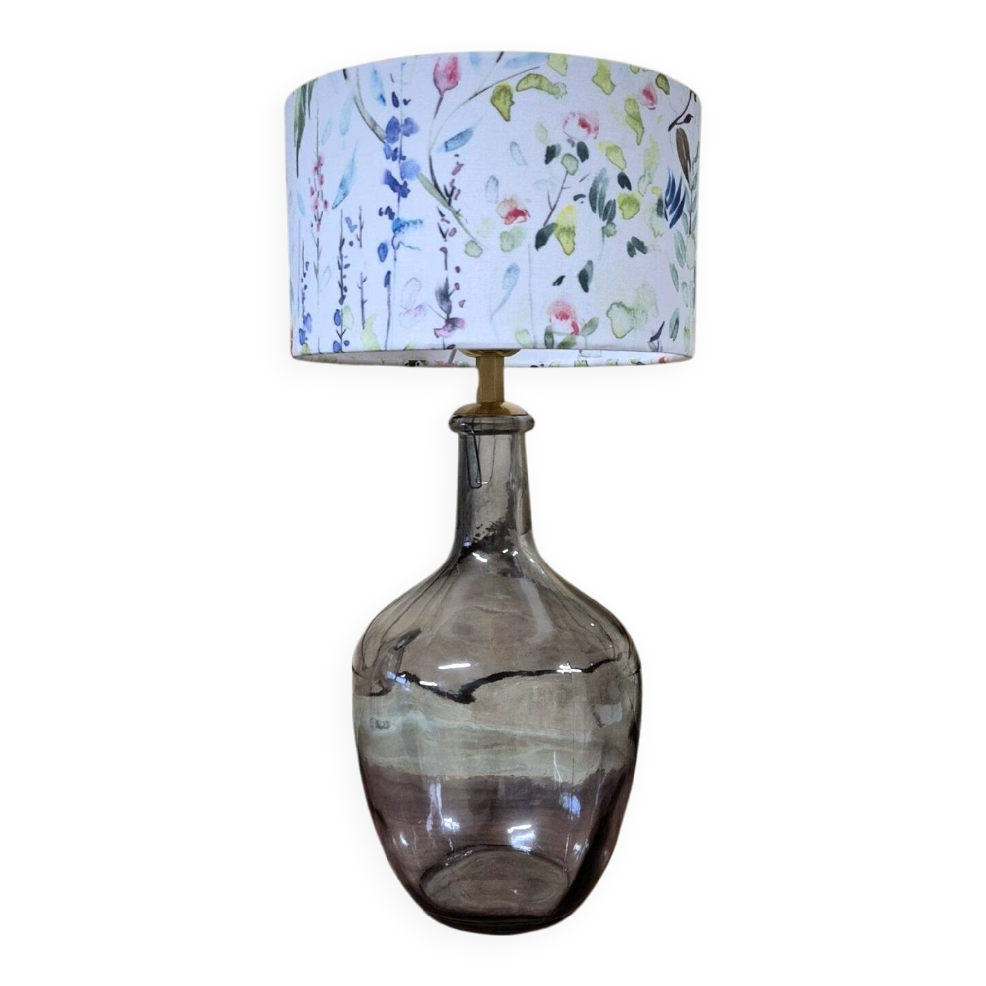 Table lamp, bedside lamp, smoked glass base and cylindrical lampshade