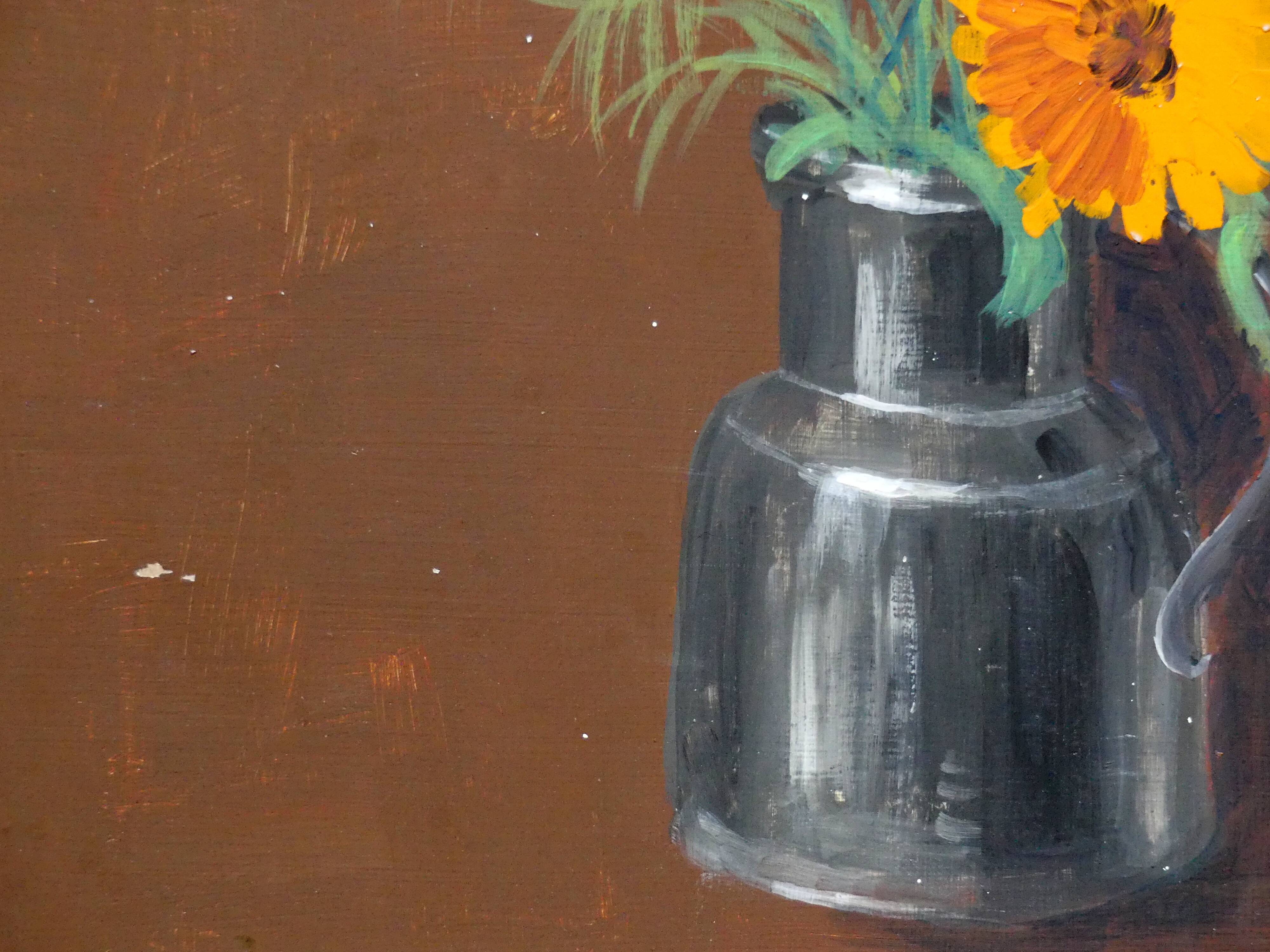 Painting colorful flowers on hardboard still life signed framed