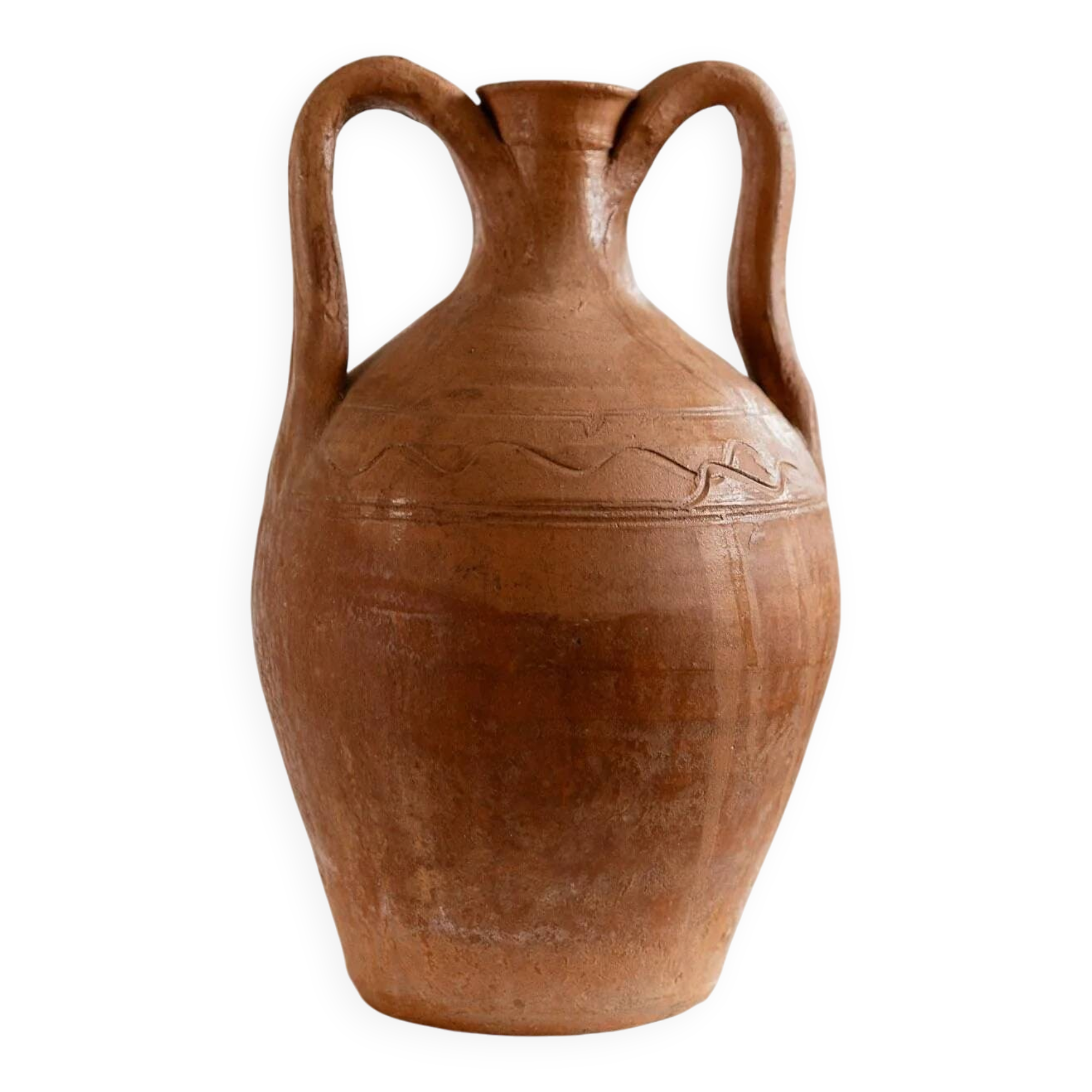 Vintage terracotta amphora vase from the early 19th century, handmade Italian jug with two handles.