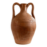 Vintage terracotta amphora vase from the early 19th century, handmade Italian jug with two handles.