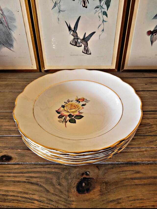 6 Gien Gardanne soup plates, pink and yellow, with gold trim
