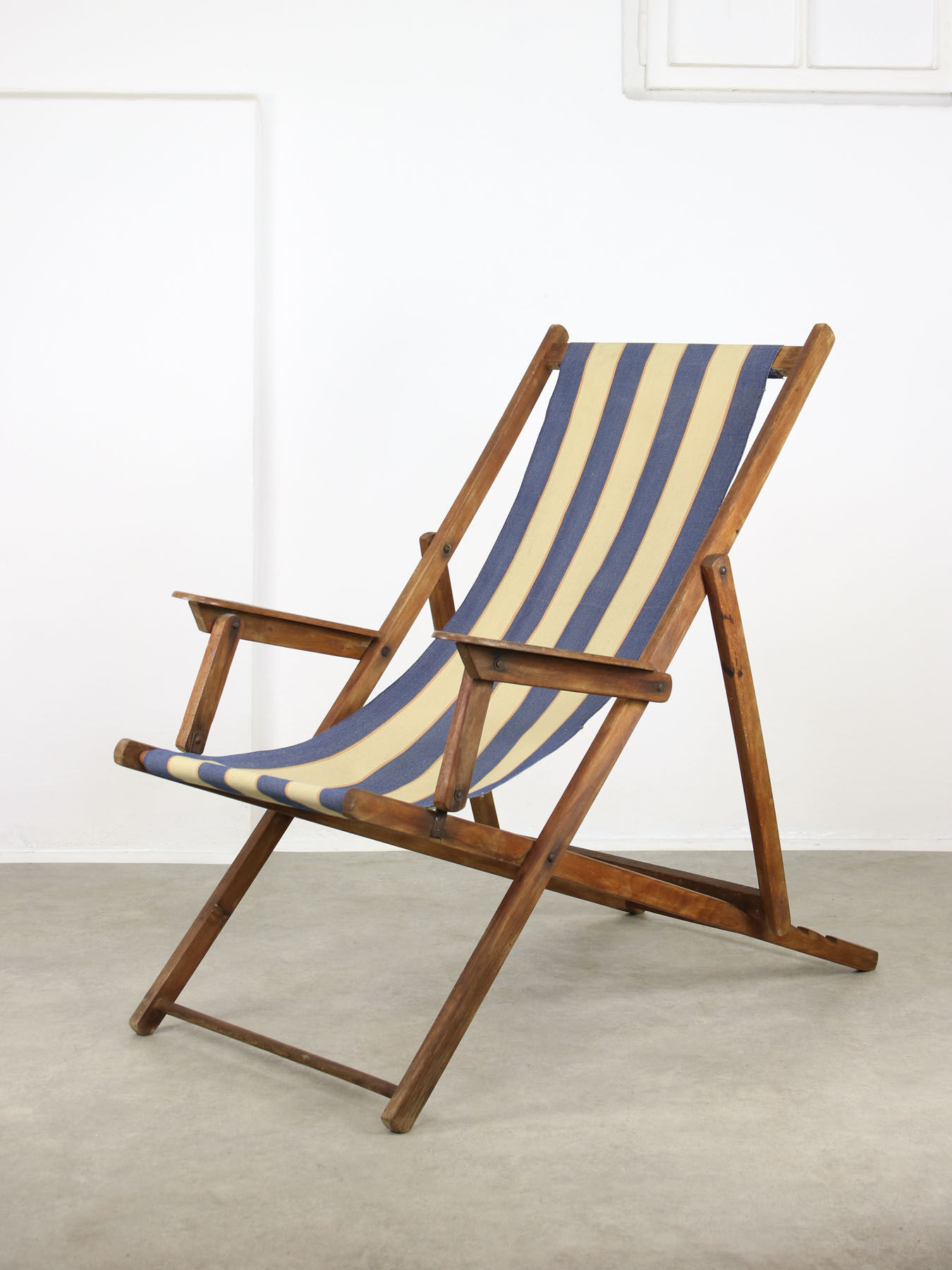 Chaise longue italienne pliable vintage en bois et tissu, années 80