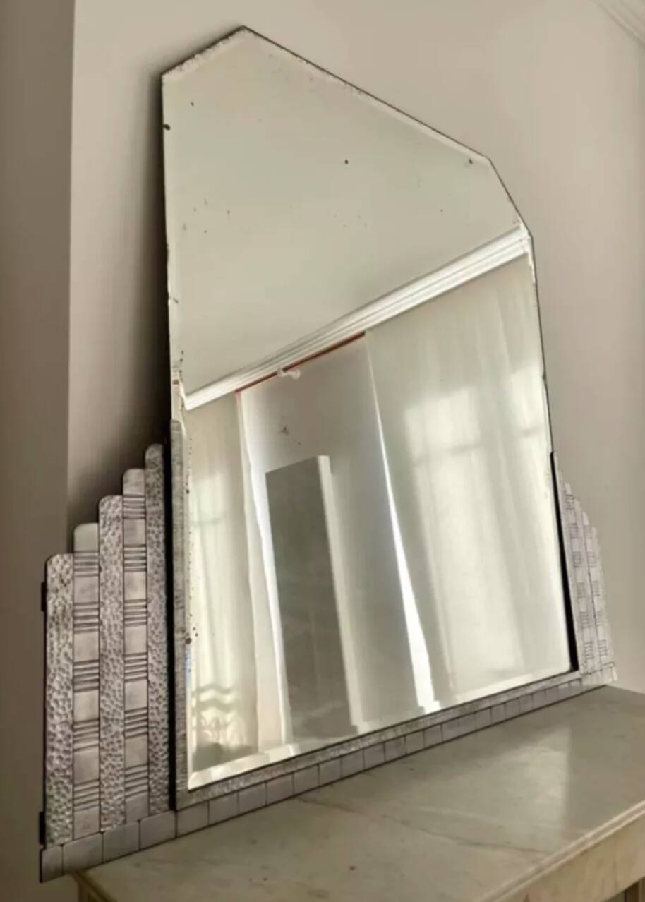 Vintage hammered metal mirror, France art deco 1930