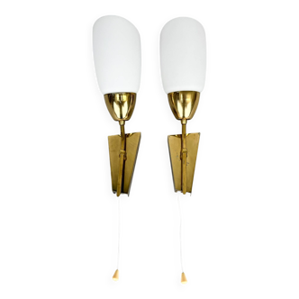 Pair of Brass & Milk Glass Wall Lamps by Kamenický Šenov Glassworks, 1960's