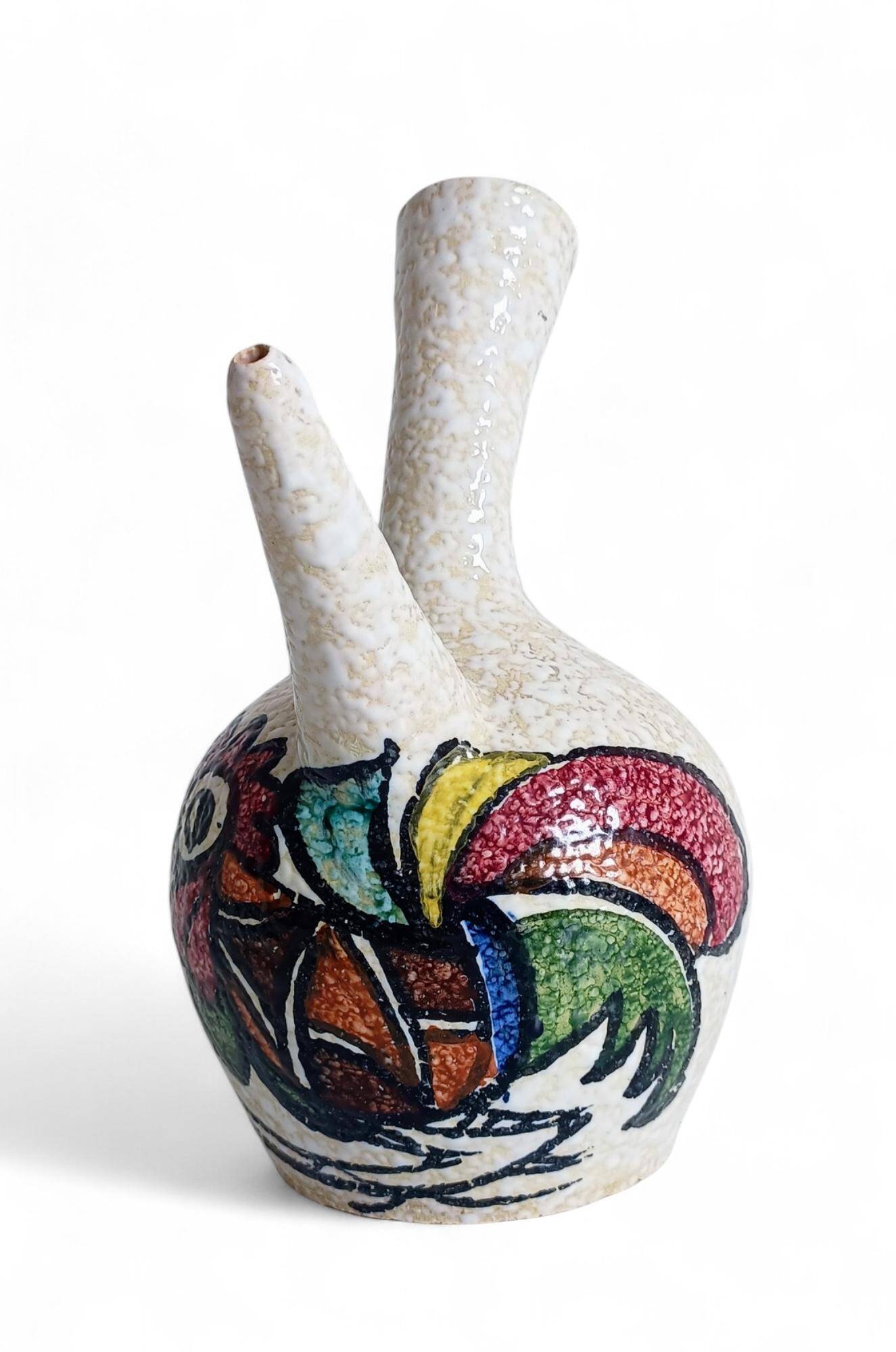 Vintage Spanish Ceramic Porrón, Hand-Painted Rooster, 1960s