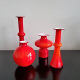 Arrangement of 4 red glass 'Carnaby' vases by Per Lütken for Holmegaard, Denmark 1960's