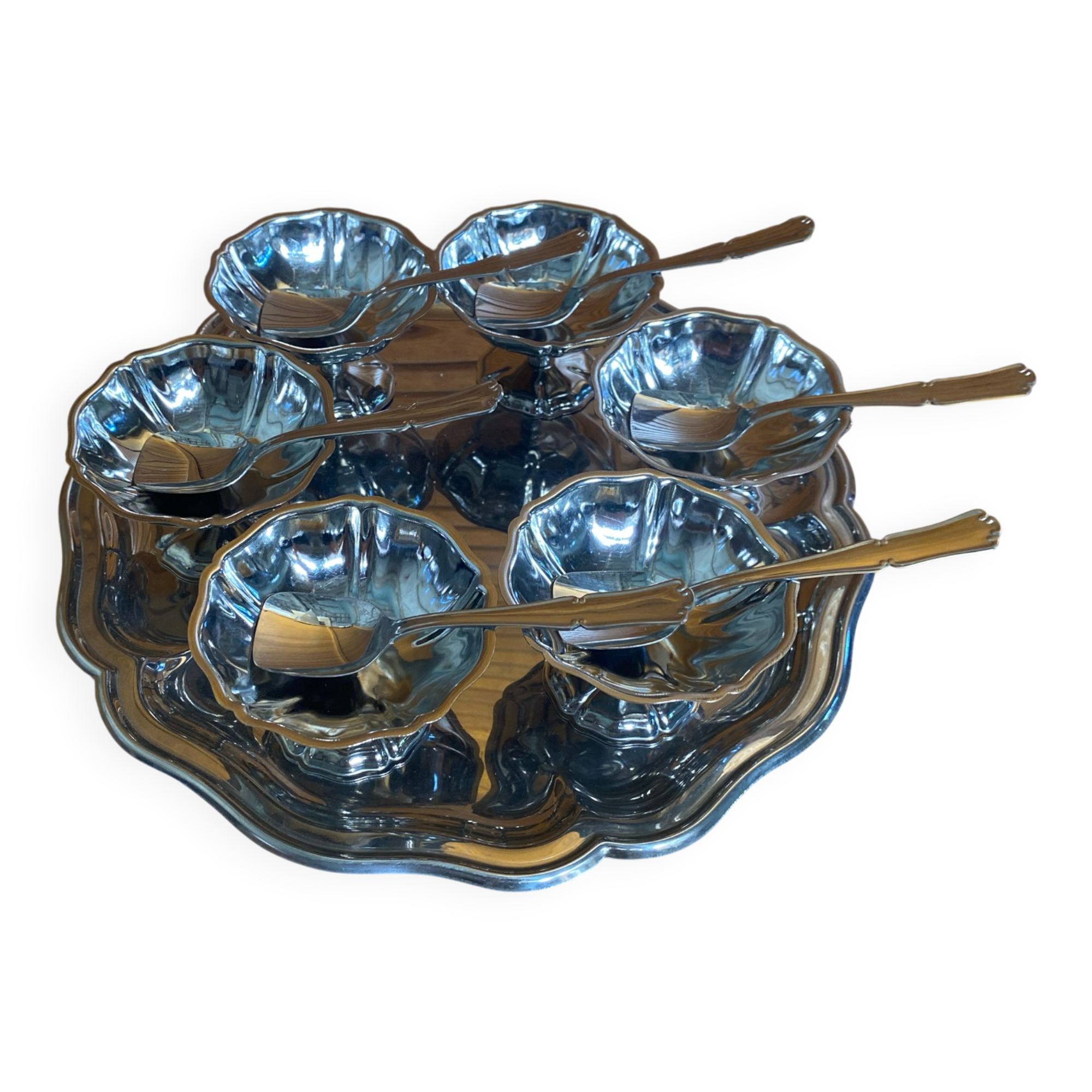 Ice Cream Service GUY DEGRENNE Tray + 6 Bowls + 6 Vintage Spoons