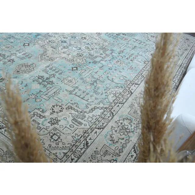 1970s Vintage Persian Handmade Wool Cotton Light Blue Area Rug 285x383