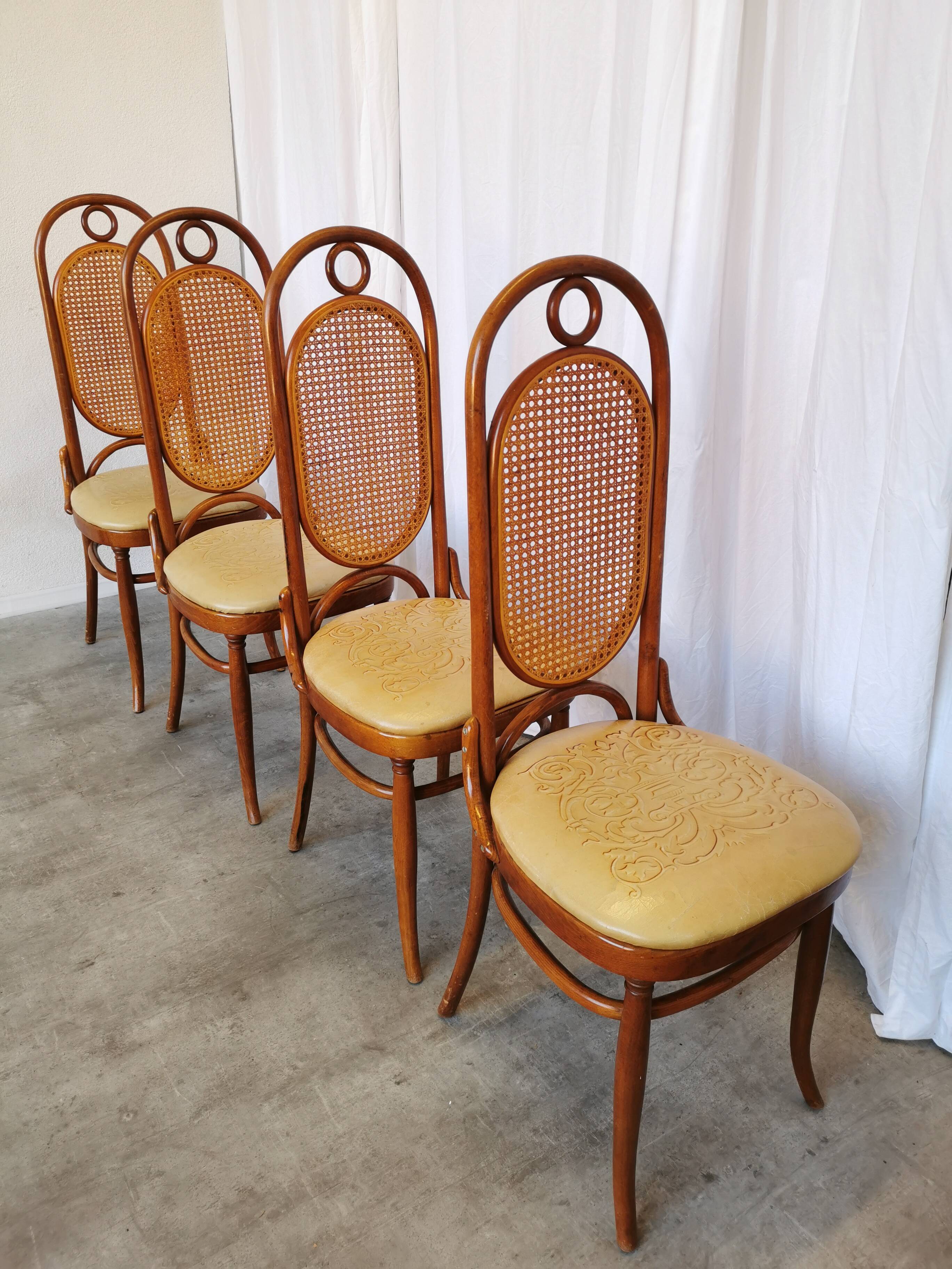 Set of 4 Vintage Bentwood Dining Chairs: Cane Back, Leather Seat, Thonet St