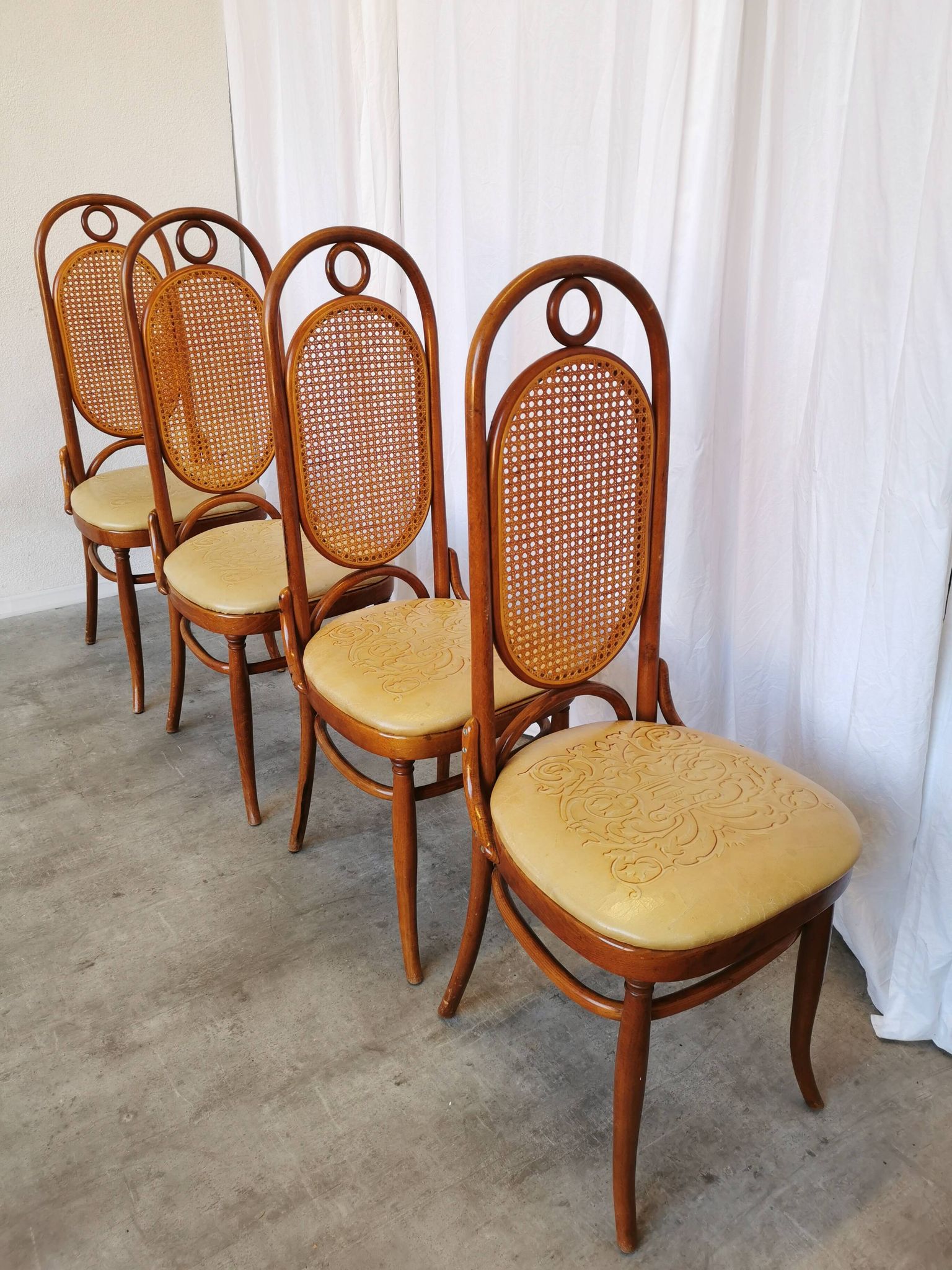 Set of 4 Vintage Bentwood Dining Chairs: Cane Back, Leather Seat, Thonet St
