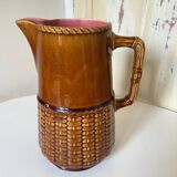 Old vintage ceramic pitcher or jug from Sarreguemines France Brown and pink interior, imitation basket